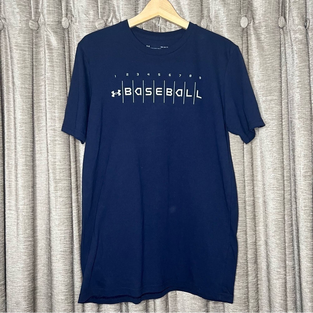 Under Armour Blue Baseball Logo Print Short Sleeve Tee Shirt Size Medium